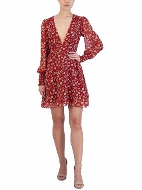 BCBGeneration Red Floral Mini Dress V Neck Size Medium